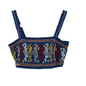 Forever 21 Crop Top Womens Small Blue Embroidered Boho Smocked Festival Tank